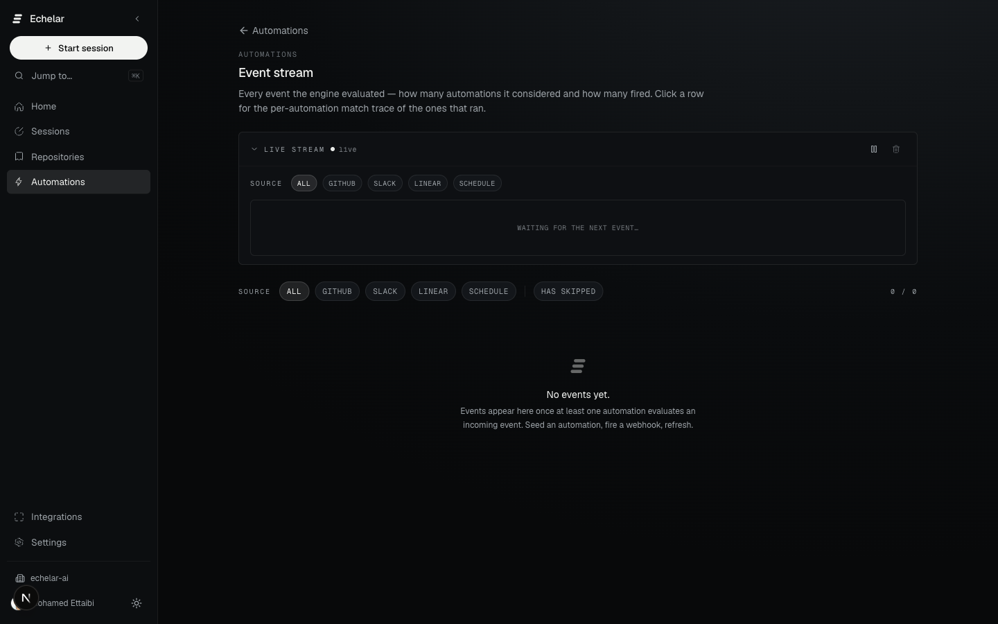 EchelarOS event stream showing the incoming events evaluated by the Automation Engine