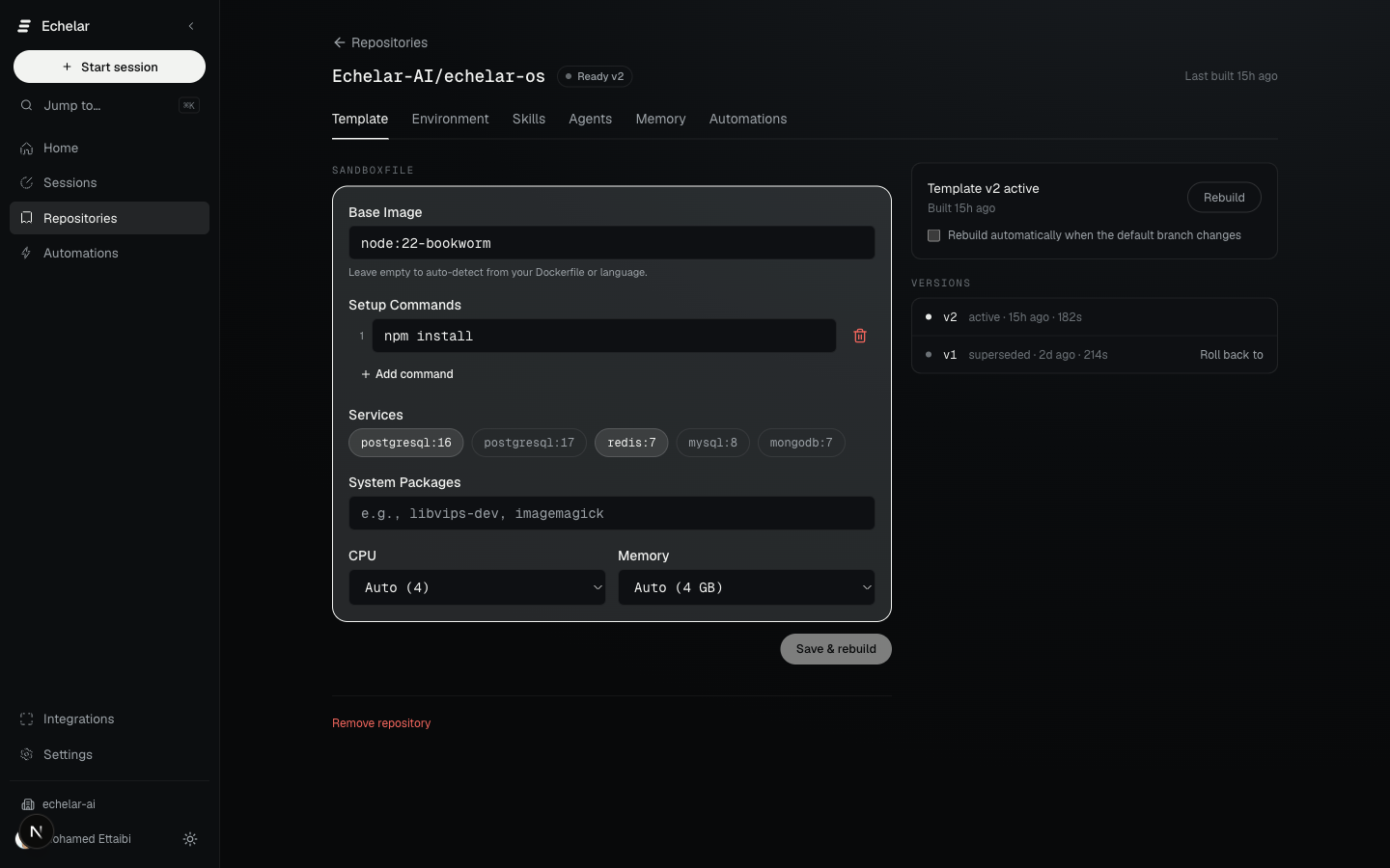 EchelarOS repository harness configuring the sandbox base image, setup commands, services, compute, and version history