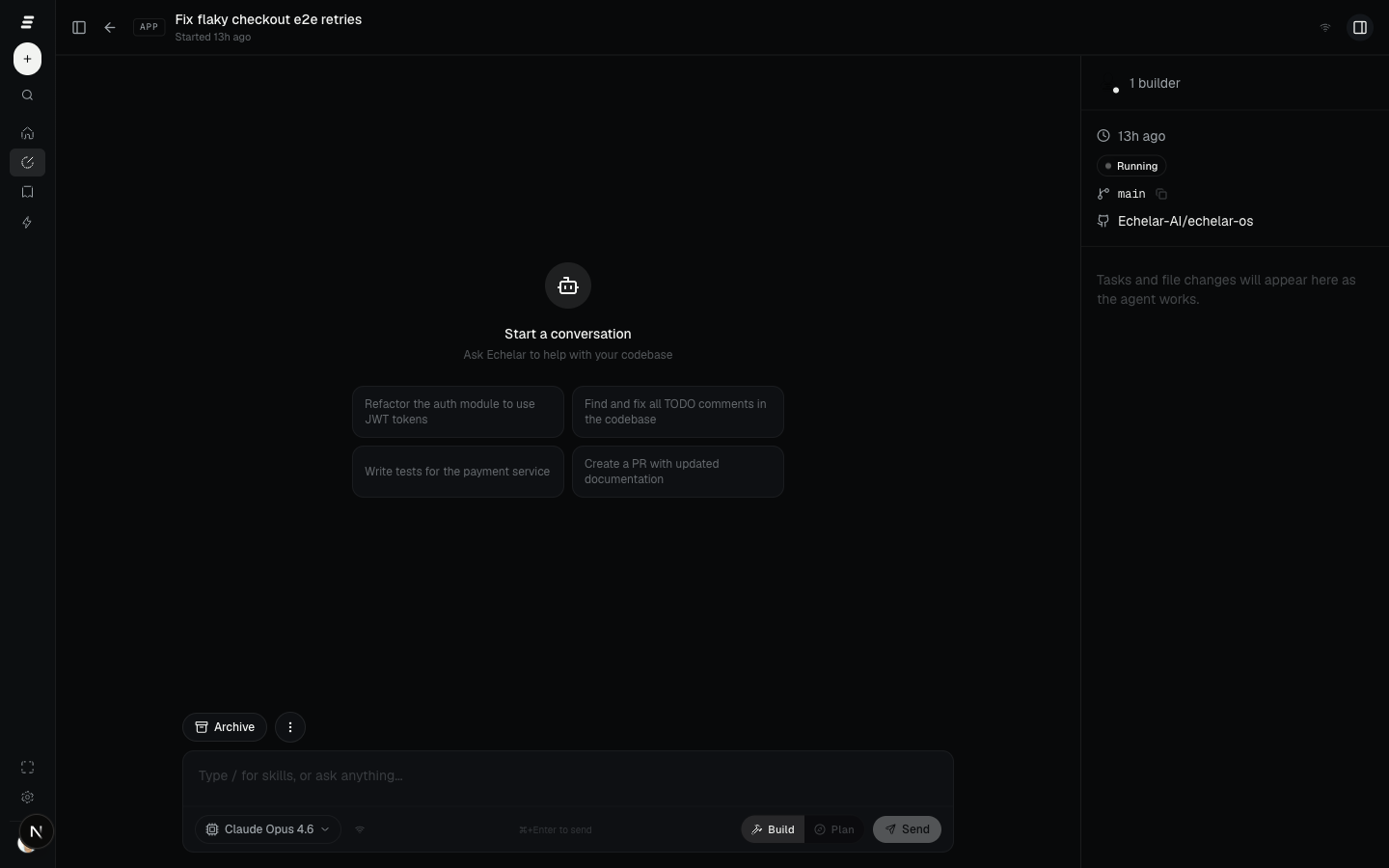EchelarOS multiplayer session workspace with the active builder, repository, branch, tasks, files, and live conversation